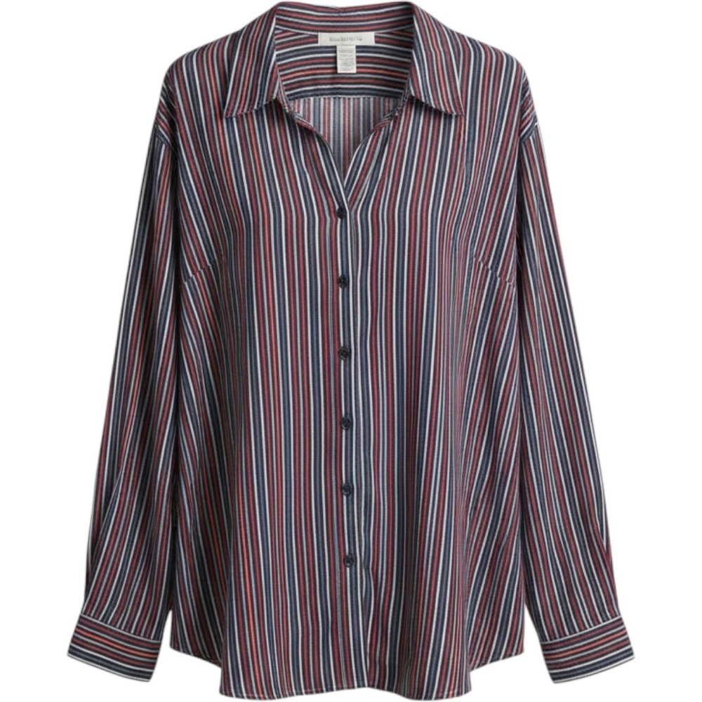 Roamans Women's 1X Striped Button Down Shirt Red Gray Blue Long Sleeve Blouse